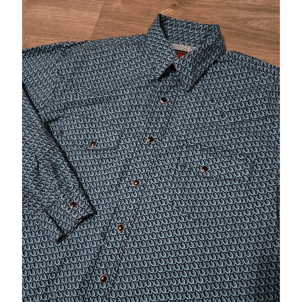 Rock and Roll Denim Boys Western Pearl Snap Shirt Horseshoe AOP Size Large